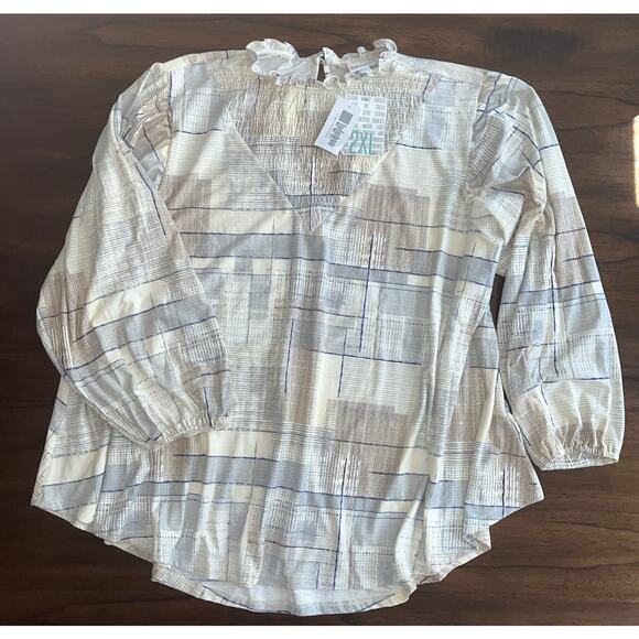 NWT Lularoe Clara Smocked Wmn Long Sleeve Blouse 2XL Cream/Blue Cottage Normcore - Picture 1 of 9